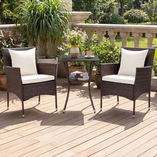Conjunto Bistro para Patio de 3 Piezas Sillas Ratán Mimbre Marrón Mixto con Mesa Doble Capa Cristal Templado Cojines Blanco