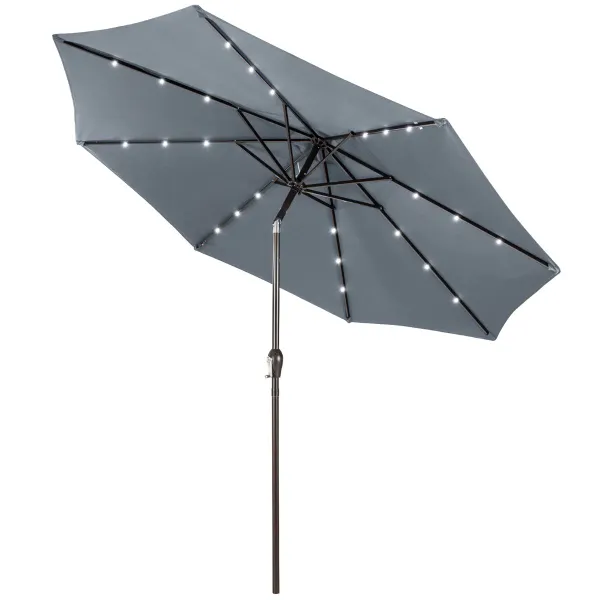 Parasol Solaire 3M Pliable avec 24 Lumières LED Inclinable Manivelle 8 Nervures