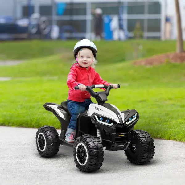 Quadricella elettrica per bambini di 3-5 anni Batteria Veicolo elettrico 12V con 2 motori faro Musica Velocità regolabile Avanti e indietro 83x53x55,5cm Bianco