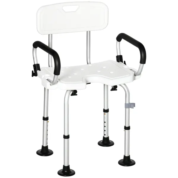Cadeira para Duche de Liga de Alumínio Cadeira de Duche Antiderrapante com Altura Ajustável de 6 Níveis e Apoio para os Braços Regulável para Idosos 54x52x70-82cm Branco