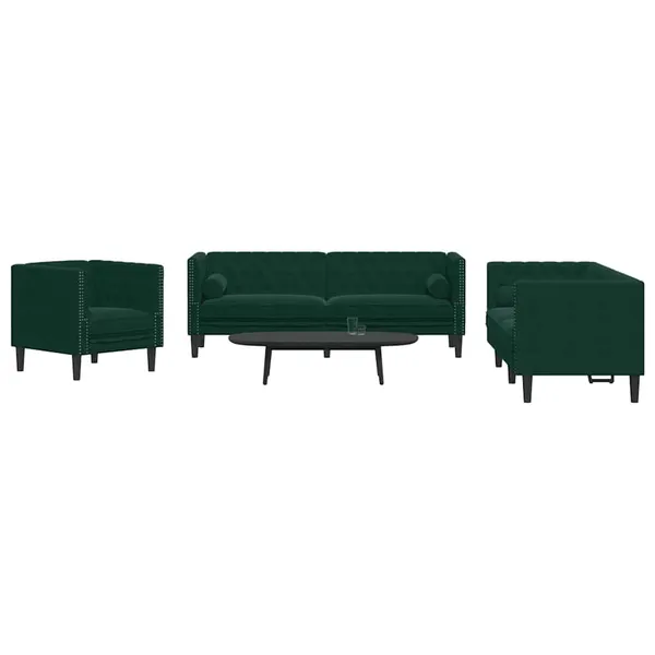 3 pcs conj. de sofás chesterfield com rolos veludo verde-escuro