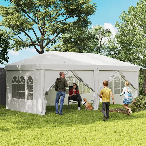 Tenda para Festas 585x295x270 cm com Paredes Laterais Amovíveis Tenda Dobrável com 2 Portas com Fecho de Correr 4 Janelas e Bolsa de Transporte Branco