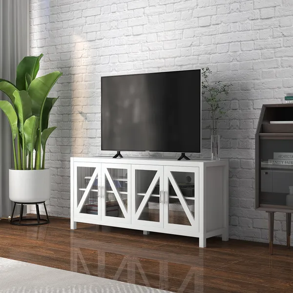 Móvel de TV Sala de Estar para Televisores de até 58" com 4 Portas de Vidro Temperado Prateleiras Ajustáveis e 4 Orifícios para Cabos 130x35x60 cm Branco