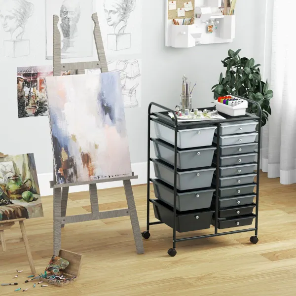 Chariot de Rangement 15 Tiroirs Amovibles et Roues Verrouillables 63x37x87cm