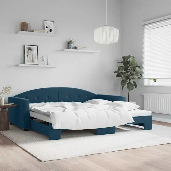 Sofá-cama com gavetão 100x200 cm veludo azul