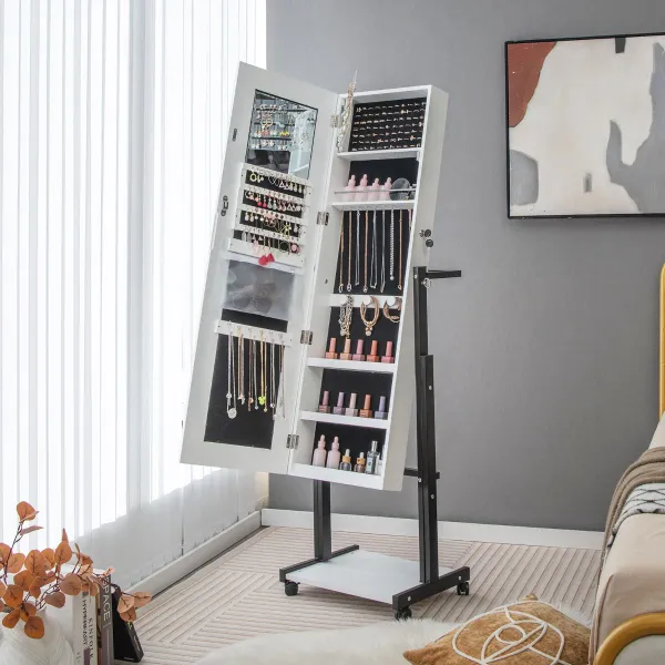 Gabinete de Joyería de Pie con Espejo LED 3 Colores, Altura Ajustable y Ruedas Bloqueables
