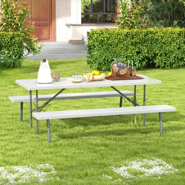 Table de Pique-nique Pliable 183 cm pour 8 Personnes avec 2 Bancs et Trou de Parasol