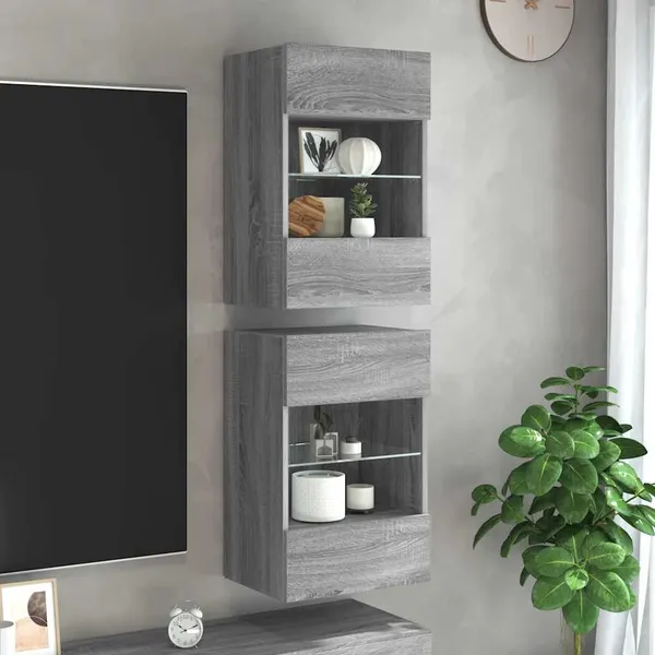 Armários de parede com luzes LED para TV 2 pcs cinzento sonoma