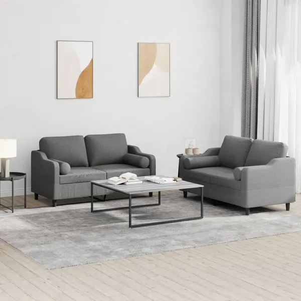 2 pcs conjunto de sofás com almofadas tecido cinzento-escuro