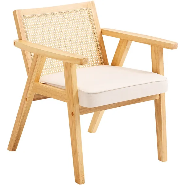 Cadeira rattan estofada retro braços bege sala