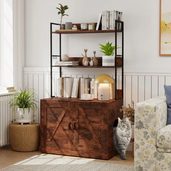 Meuble Cache Litière pour Chat avec 3 Étagères et 4 Crochets Armoire 2 Portes Entrée Latérale Marron