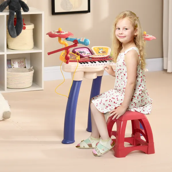 Piano Eletrónico para niños con 32 Teclas Piano infantil 2 en 1 con Microfone Banco Luzes 19 Músicas Batería y Volumen Ajustable 74x32,2x71 cm Multicor