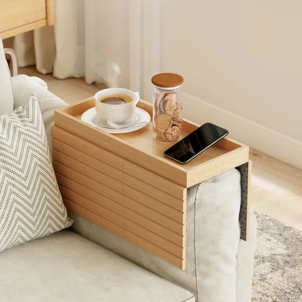 Bandeja de Braço para Sofá em Bambu Bandeja para Apoio de Braço de Sofá Dobrável e Flexível com Base Antiderrapante Mesa Lateral para Snacks Telemóveis Controlos e Bebidas 45x33,5x3 cm Madeira