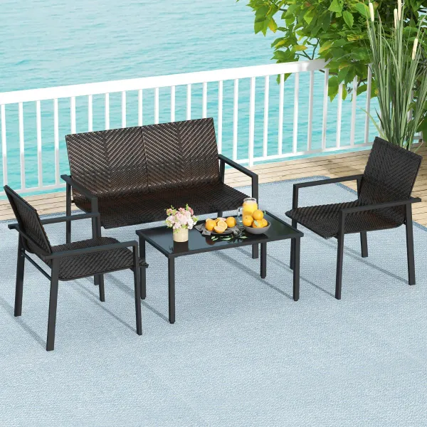 Ensemble Mobilier Patio 4 Pièces Structure Métal Galvanisé Rotin Canapé Tables