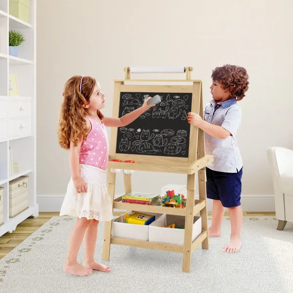 Cavalletto per Bambini Doppia Faccia 3 in 1 con 2 Ripiani e Scatole 59x50x117 cm