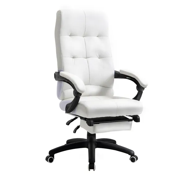 Cadeira de Escritório Ergonómica Giratória Cadeira de Escritório Reclinável Estofada em PU com Altura Ajustável Apoio para os Braços e Apoio para os Pés 65x65x118-125 cm Branco