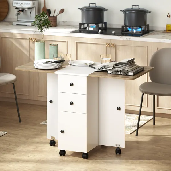 Mesa plegable con Rodas Mesa Abatible con 2 Gavetas y Gabinete Mesa Auxiliar Multifuncional para Estudio Cocina 120x60x76,5 cm Blanco