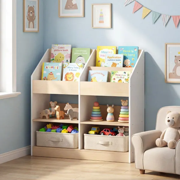 Estantería para Niños 4 Cubos y 4 Compartimentos Madera - Blanco Natural