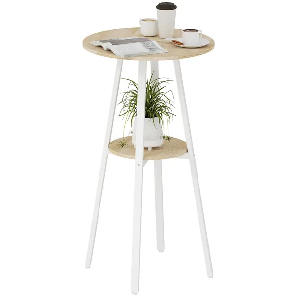 Mesa Alta de Cocina Redonda con Estantería de Almacenamiento Mesa Alta de Bar Moderna para 2 Personas con estructura de metal 55x55x95 cm Madeira y Blanco