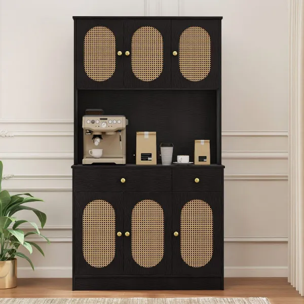 Armario Buffet 180 cm Despensa con Estación de Carga, 6 Puertas Ratán, 2 Cajones, Negro Boho