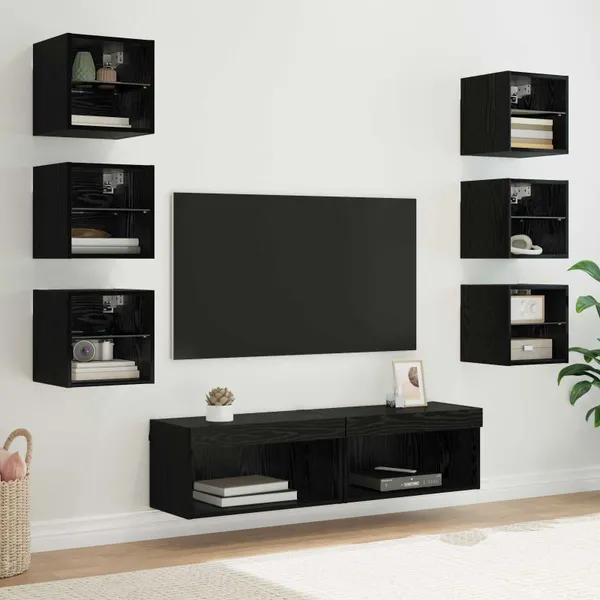 Gabinete para TV com gaveta 8 pcs Carvalho Preto Vidro