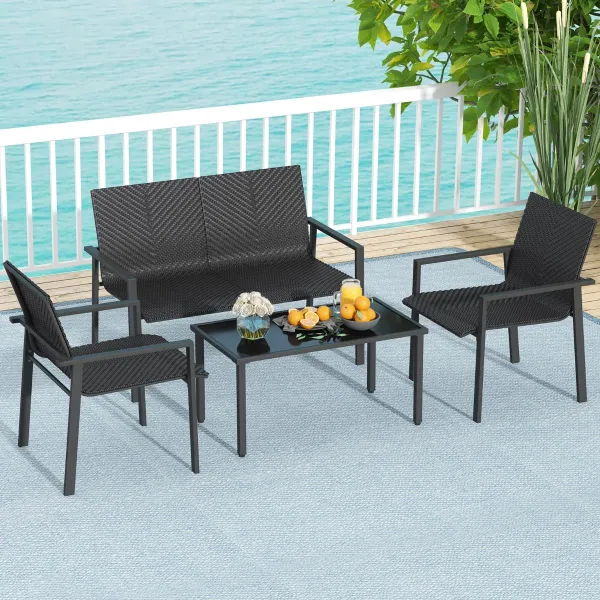Ensemble de Meubles de Patio 4 Pièces avec Cadre Métal Galvanisé et Rotin Tissé Machine