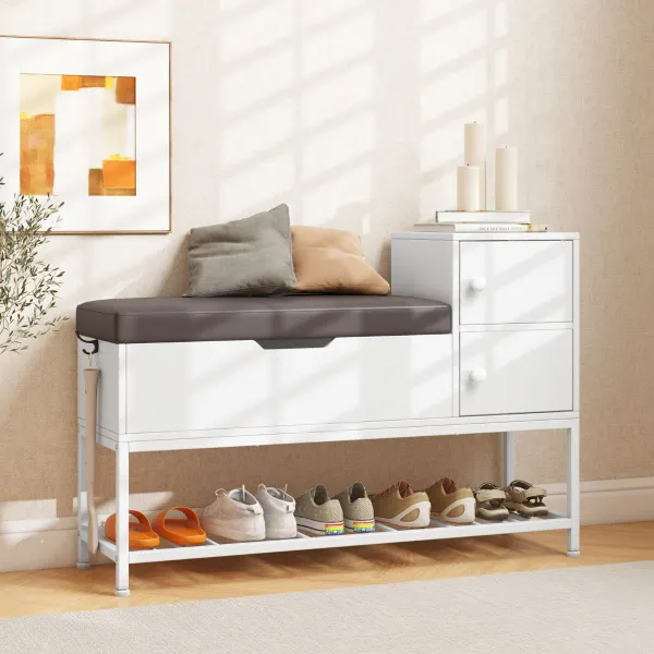 Banc à Chaussures avec Coffre Rabattable, 2 Portes et Coussin PVC - Blanc