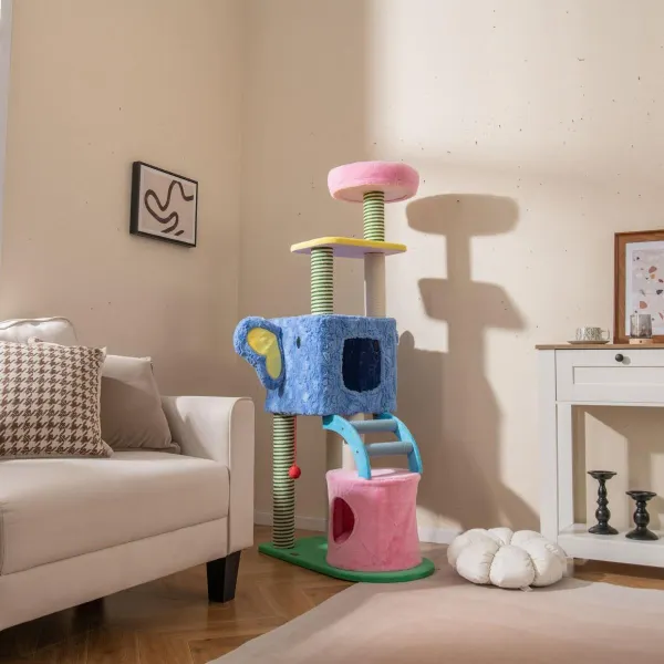 Árvore para Gatos Temática de Elefante com Cama Acolchada e Postes de Sisal 2 Andares 75x40x154cm Azul