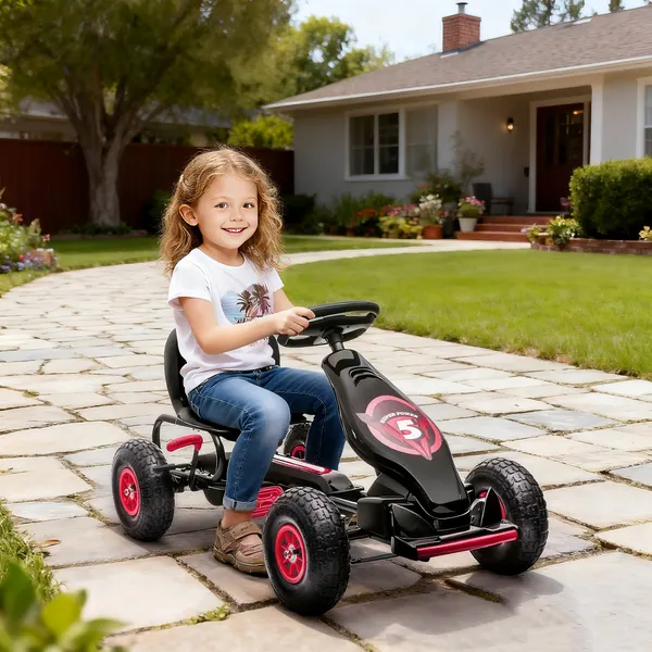 Kart a Pedais para Crianças 5-12 Anos Kart a Pedais Infantil com Assento Ajustável Pneus Insufláveis Amortecimento e Travão de Mão Carga Máx. 50kg 121x58x61cm Vermelho