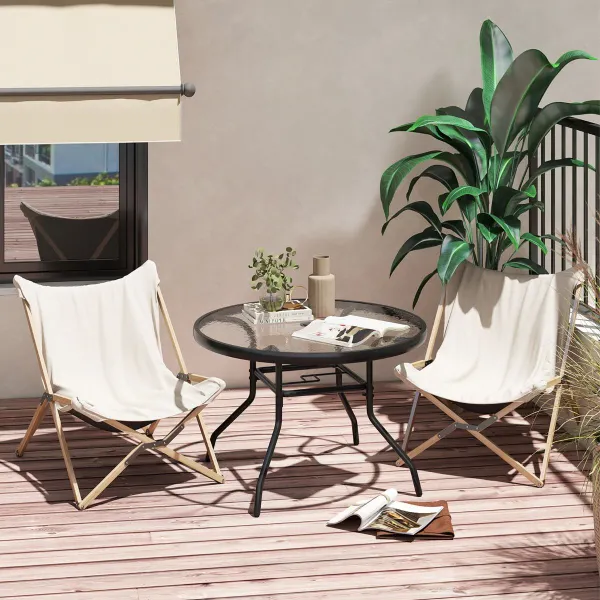 Table Ronde en Verre Trempé pour Extérieur avec Trou de Parasol et Structure Métallique 70x70x45,5cm