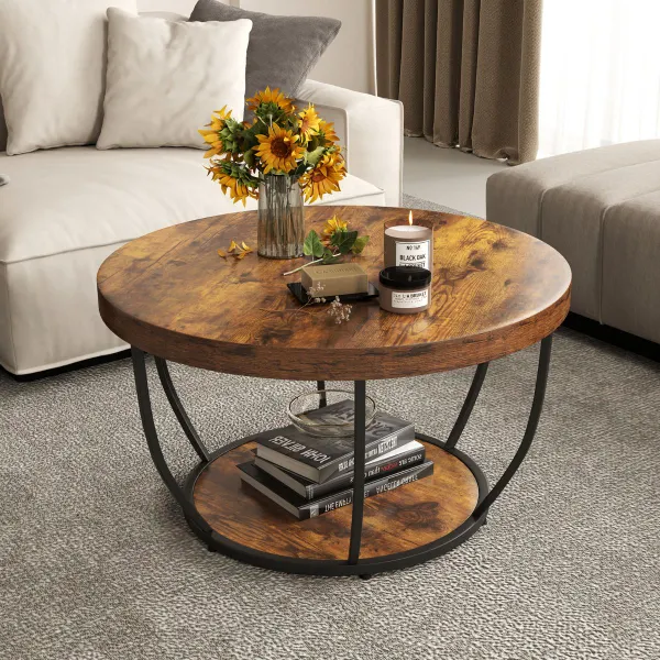 Tavolino Caffè Rotondo 2 Livelli con Ripiani 80 cm Struttura Metallo