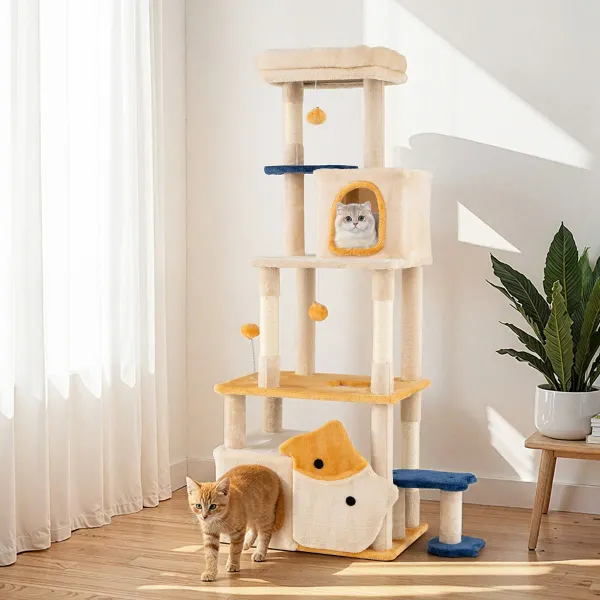Tour à Chats 159 cm avec 2 Condos et Poteaux de Sisal - Jaune