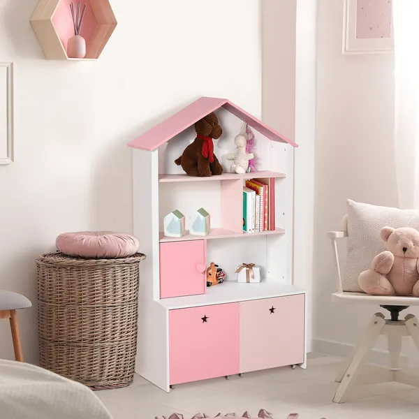 Bibliothèque pour enfants avec 4 compartiments 1 porte et 2 tiroirs amovibles avec roues pour livres Jouets 80x34x130cm Rose et blanc