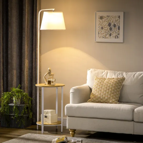 Candeeiro de Pé Moderno com Prateleira Candeeiro com Prateleira Suporte para Lâmpada E27 Máx. 40W com Ecrã de Linho Interruptor de Pé para Sala de Estar Dormitório Ø37x162cm Branco e Madeira