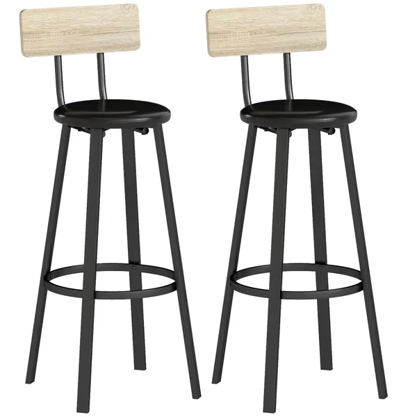 Conjunto de 2 Bancos de Bar Bancos Altos de Cocina con Encosto y Apoyo a Pés Estofados en PU Asento con 75,5 cm de Altura Fácil Montaje Estilo Industrial 41,5x36,5x99,5 cm Madeira y Negro