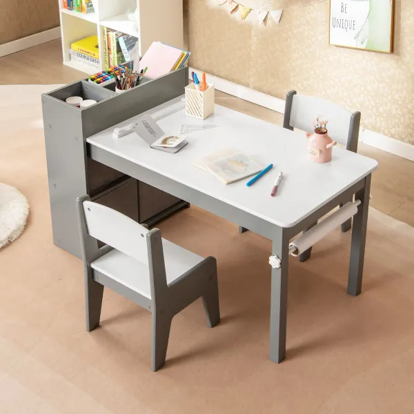 Set Tavolo e Sedie per Bambini con Piano da Disegno e Ripiani di Stoccaggio