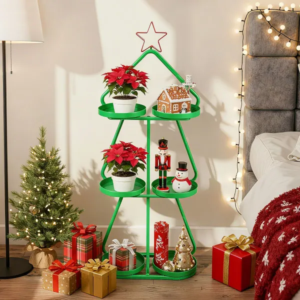 Suporte para Plantas de Natal | Mesa Auxiliar 3 Níveis Forma de Árvore com Estrela Vermelha