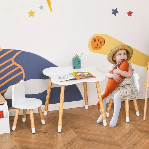Conjunto Infantil de Mesa y 2 Sillas de madera Muebles infantiles para Sala de Juegos Dormitorio de Niños Mesa 56x56x50cm y Silla 28x25x46cm Blanco