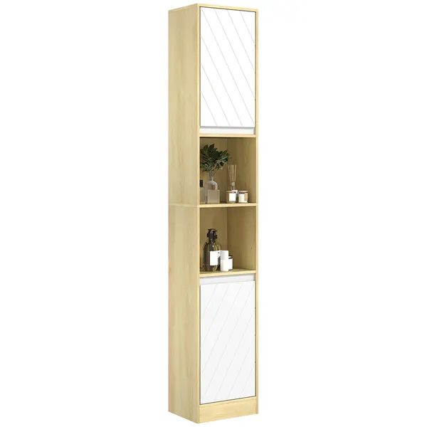 Coluna Casa de Banho com 2 Prateleiras Abertas Armário Alto para Casa de Banho com Armário Fechado e Prateleiras 30x24x170 cm Madeira e Branco