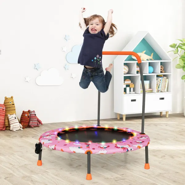 Trampolín para Niños 92 cm Mini Cama Elástica con Luces LED Manija de Seguridad Alfombra de Salto Redonda Cubierta 3-6 Años