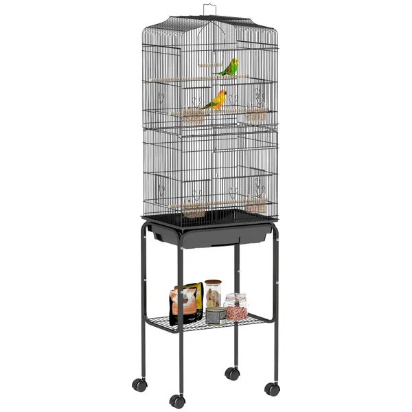 Gaiola para Pássaros, Gaiola Grande com Rodas, Prateleira de Arrumação, Portas, 4 Comedouros, 3 Poleiros, Baloiço, Bandeja Removível e Pega, para Papagaio, Canário, Periquito, 46,5x36x157 cm, Preto