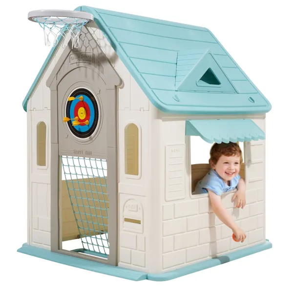 Casa brincadeira 5-em-1 com basquete, dardos, futebol, argolas, escorregador