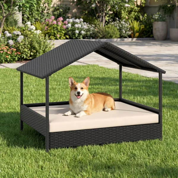 Casa in Vimini per Cani con Tettoia - Lettino Rialzato Rattan 60 kg Beige e Nero