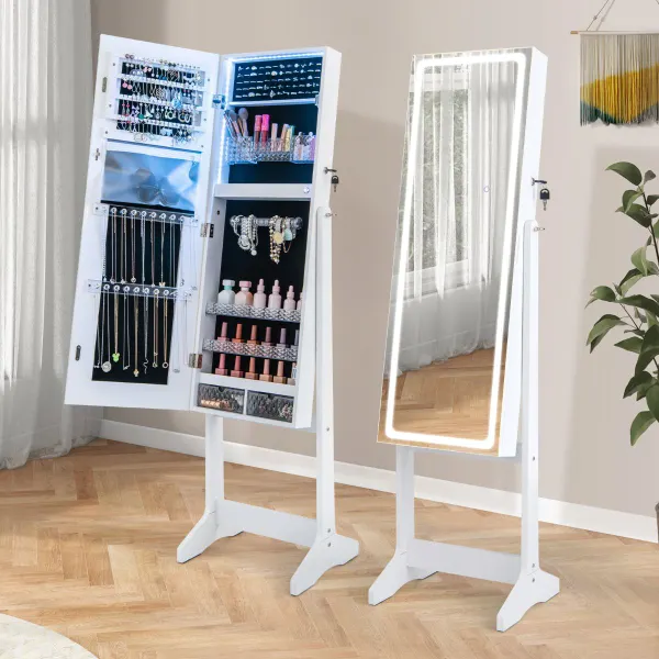 Gabinete de Joyería de Pie con Espejo Iluminado de Cuerpo Entero Luces LED Caja de Lápiz Labial 2 Cajones de 3 Ángulos Ajustables