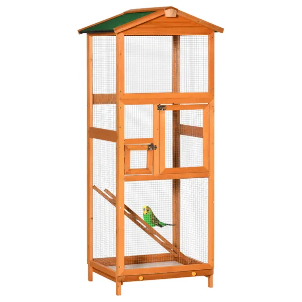Gaiola para Pássaros Grande 68x63x165cm Gaiola para Pássaros de Madeira de Abeto com 2 Portas Bandeja Amovível e Teto Asfáltico Madeira