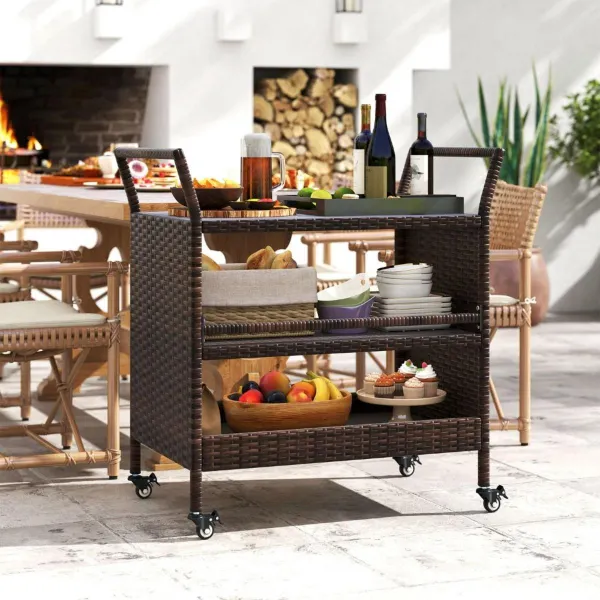 Carrito de Cocina 3 Niveles con Asas Laterales Ruedas Bloqueables Barra Anti-caída 86x50x89 cm Marrón