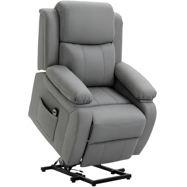 Poltrona Relax Levanta Pessoas com Controle Remoto Reclinação Elétrica de 160° Apoio para os Pés Encosto Estofado em PU e Bolsos Laterais 76x90x105cm Cinza