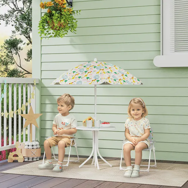 Conjunto Infantil de Mesa y Sillas de Jardín de 4 Piezas Mesa Infantil con Sillas plegables Chapéu de Sol Ajustable Design de Elefantes y Girafas Blanco