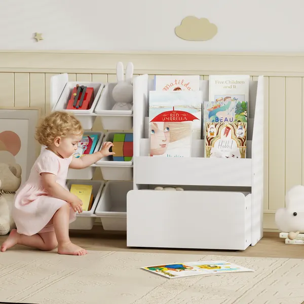 Estante Infantil para Brinquedos com 6 Caixas Removíveis 3 Prateleiras Abertas e Gaveta Inferior com Rodas Organizador para Quarto Sala de Jogos Escola Infantil 100x30x80 cm Branco