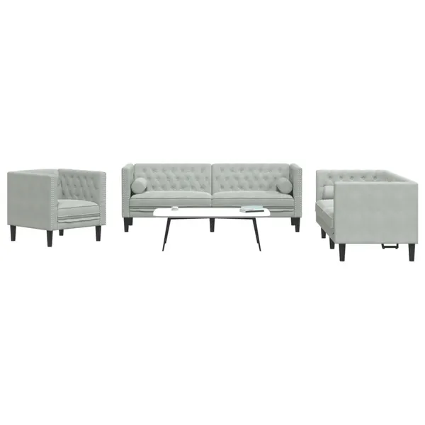 3 pcs conj. de sofás chesterfield com rolos veludo cinza-claro